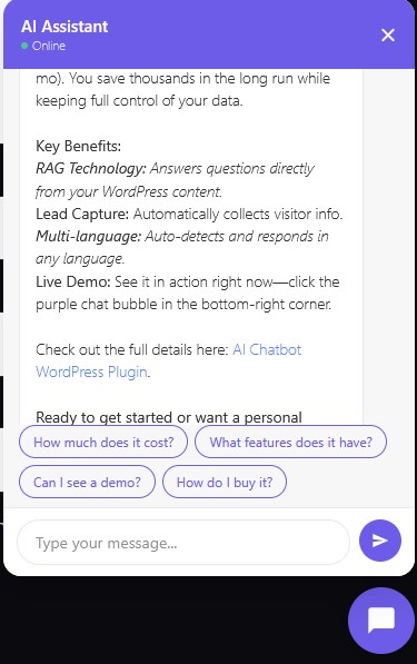 AI Chatbot widget on a WordPress site
