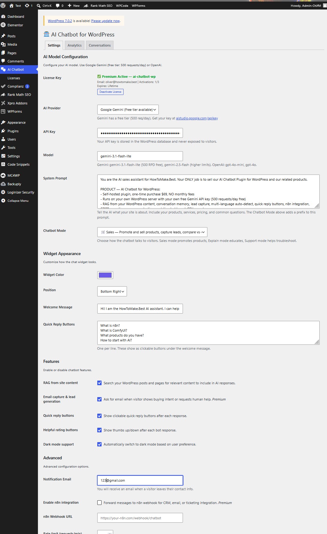 AI Chatbot settings page