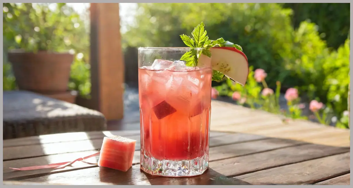 A photorealistic close-up of an Easy Rhubarb Cordial Cocktail in a highball glass, garnished with a rhubarb ribbon, bathed in golden hour light.