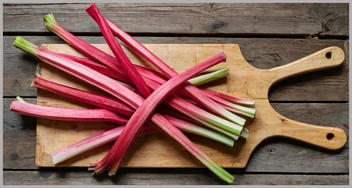 Photorealistic image of vibrant pink and crimson fresh rhubarb stalks, with water droplets, on a rustic wooden cutting board.