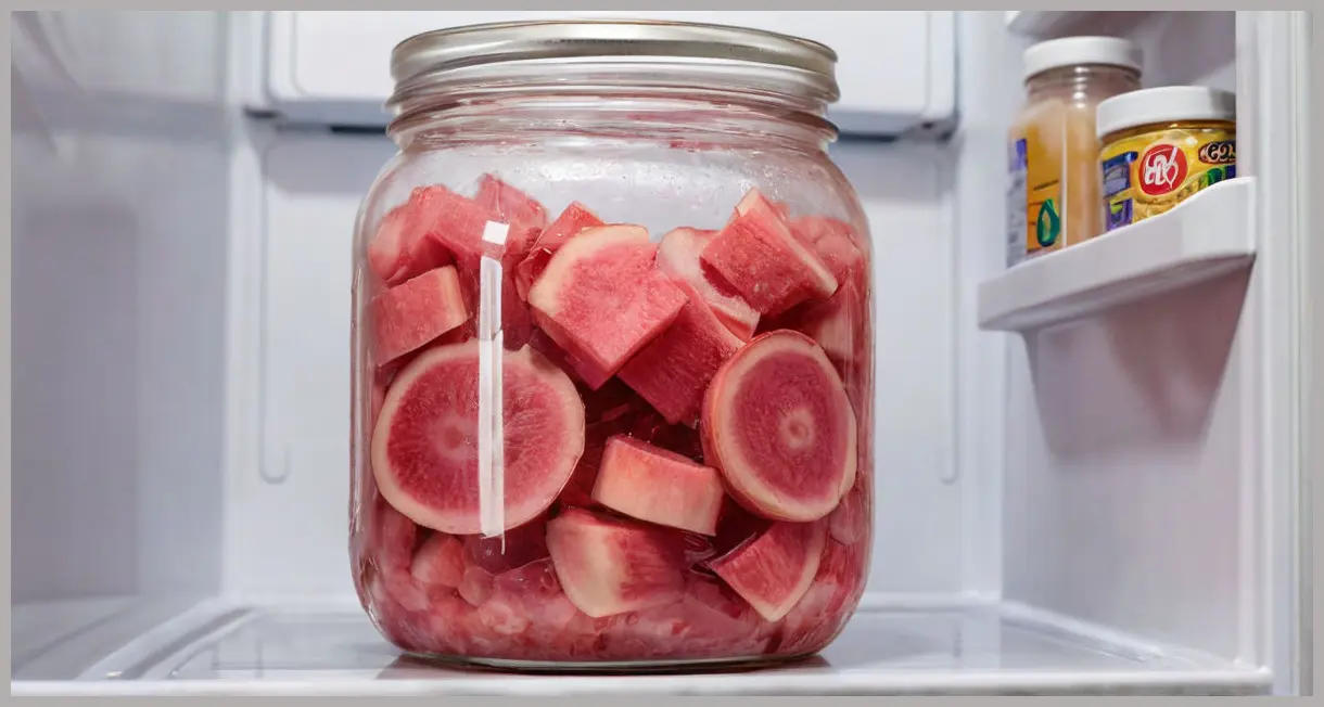 A photorealistic medium shot of rhubarb slices, sugar, and water infusing in a glass jar inside a cool, softly lit refrigerator.