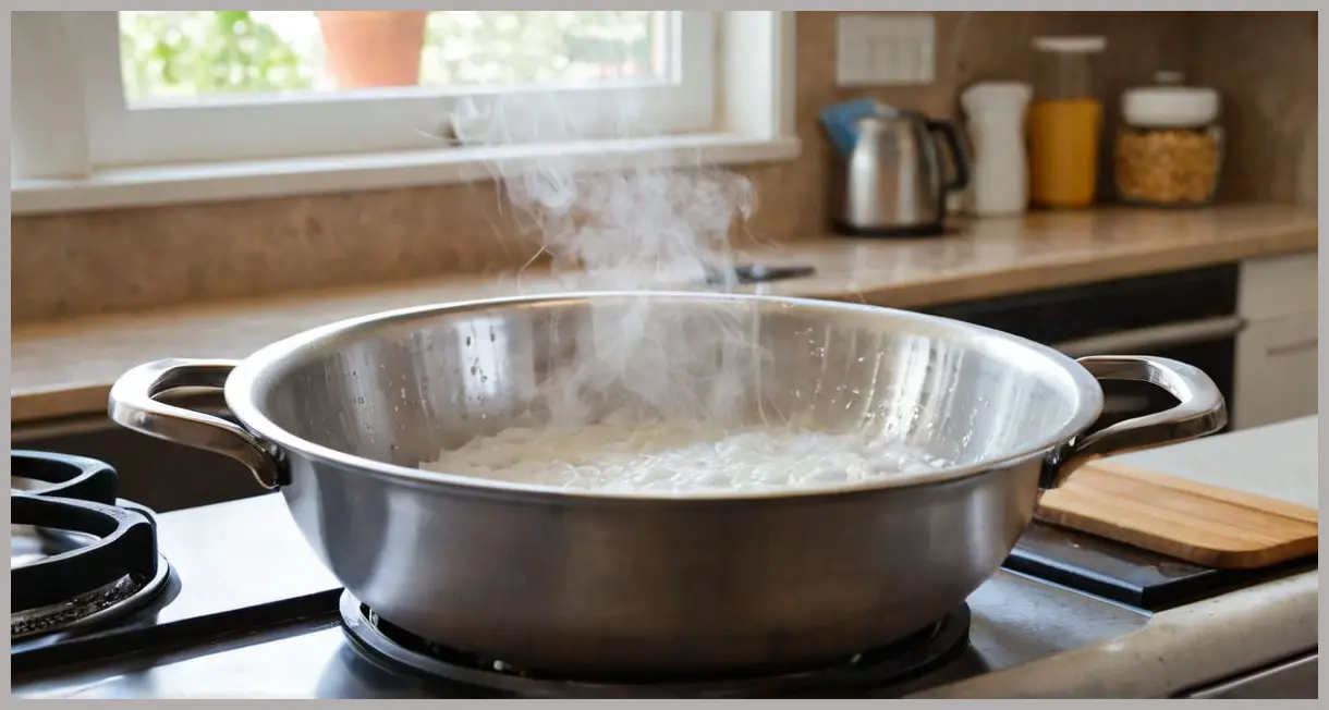 A photorealistic eye-level close-up of a foil-covered metal bowl steaming over simmering water on a stovetop, for Easy Rhubarb Cordial.