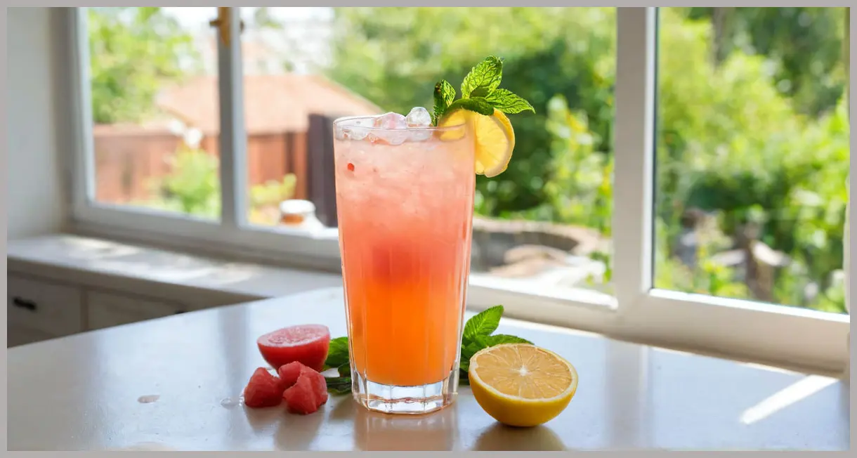 A photorealistic high-angle shot of an Easy Rhubarb Cordial Cocktail in a Collins glass, garnished with fresh mint and a lemon wheel.