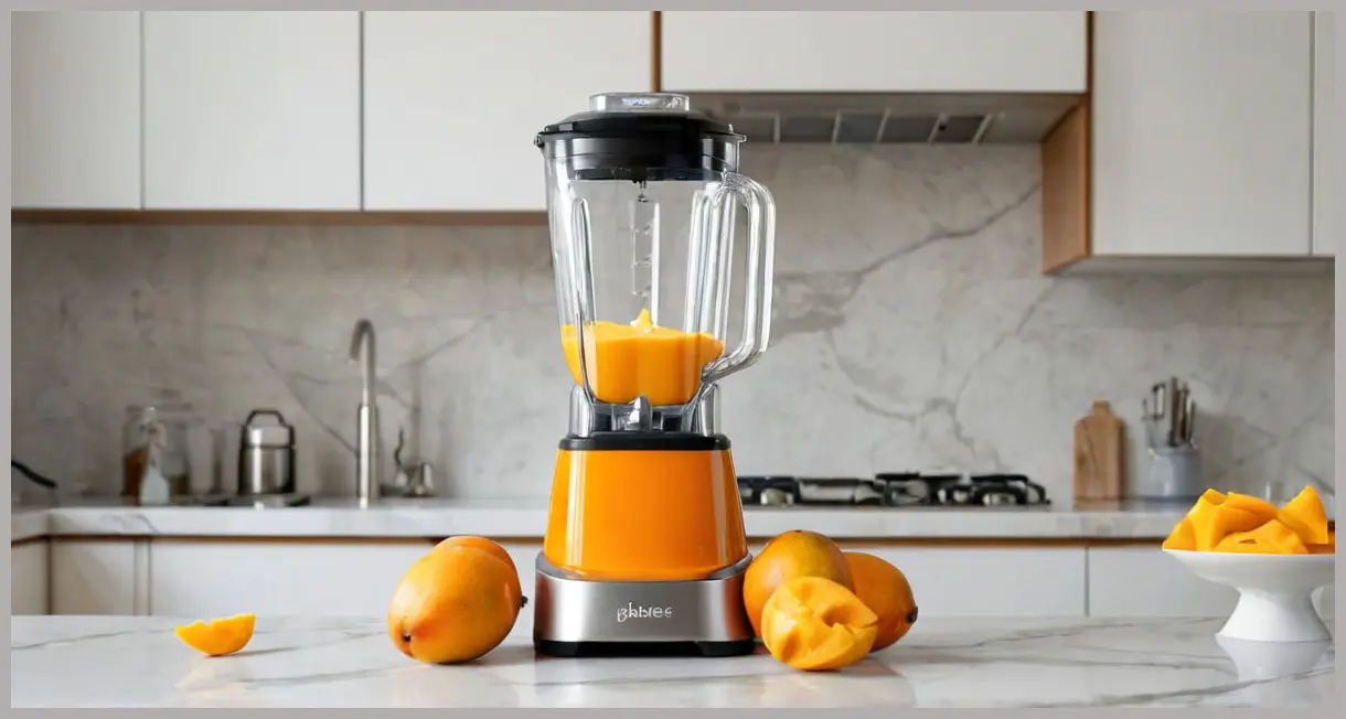A photorealistic dynamic medium shot of a blender vigorously puréeing bright orange mango chunks into a smooth paste, essential for a Ginger Mango Mule Cocktail, under crisp kitchen light.
