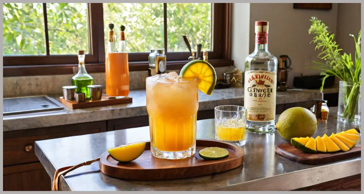 An elegant, photorealistic wide shot of a home bar cart showcasing all ingredients and tools for a Ginger Mango Mule Cocktail, including bottles, fresh produce, and a finished drink, under soft morning light.