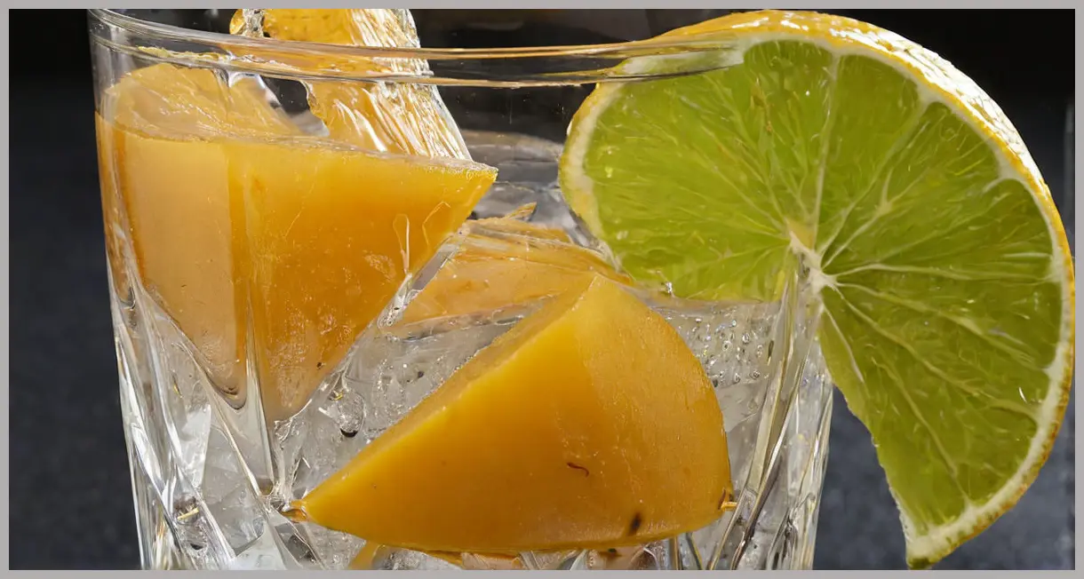 A photorealistic extreme macro close-up of a dried mango slice and a dehydrated lime wheel elegantly adorning the rim of a highball glass containing a Ginger Mango Mule Cocktail, under a dramatic spotlight.