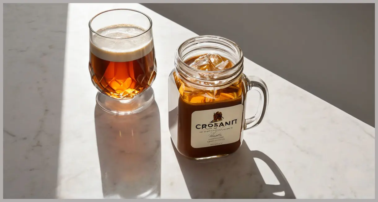 A sophisticated glass jar of 'Croissant-Infused Cognac' stands next to a partially prepared Nutella and cognac coffee cocktail Cocktail in a clear mug, showcasing key unique ingredients under soft studio light.