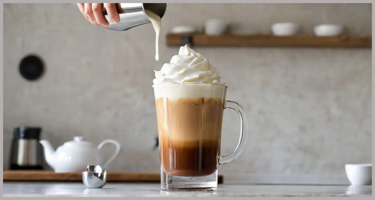 A close-up of a Nutella and cognac coffee cocktail Cocktail in a heat-proof glass, with double cream gracefully floating onto the back of a spoon to create a perfect layer, under bright kitchen lighting.