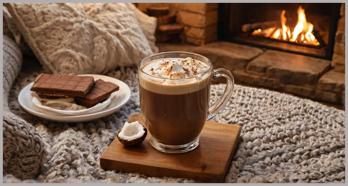 A warm Nutella and cognac coffee cocktail Cocktail in an Irish mug sits on a wooden coaster atop a wool blanket, next to a crackling fireplace, under soft, comforting ambient light.
