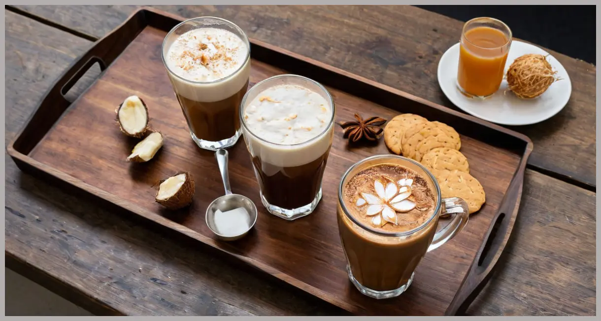 A polished dark wood serving tray holds four perfectly prepared Nutella and cognac coffee cocktail Cocktails in Irish mugs, each with cream and coconut garnish, ready for guests under soft studio lighting.