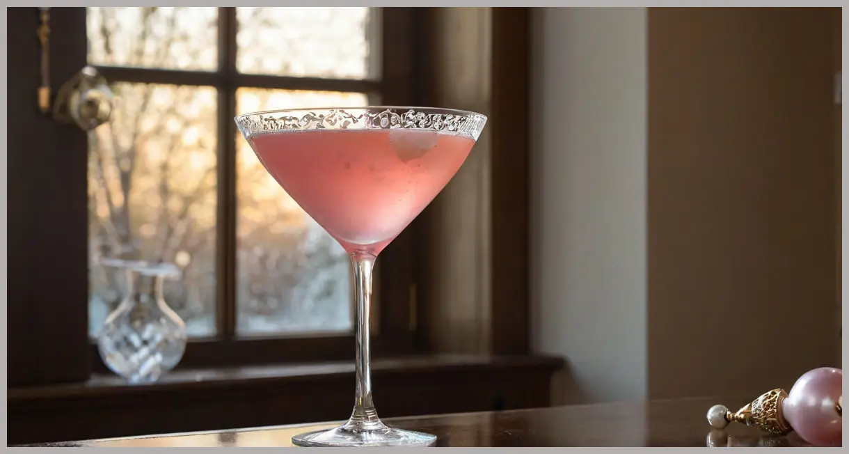 A photorealistic close-up of a chilled Pink Gibson cocktail in an ornate crystal martini glass, garnished with two pearl onions, bathed in soft golden hour light.