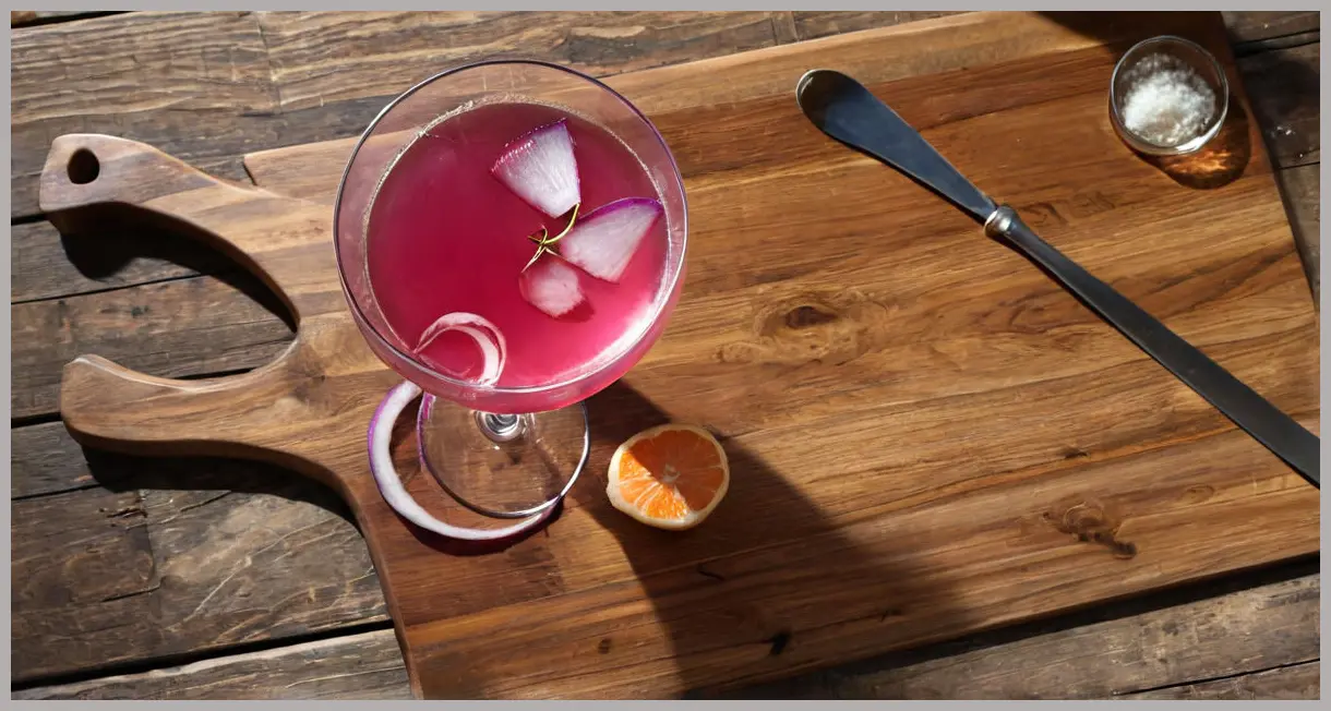 A photorealistic wide shot of a Pink Gibson cocktail on a rustic wooden board, surrounded by ingredients like red onions, rice vinegar, and gin.