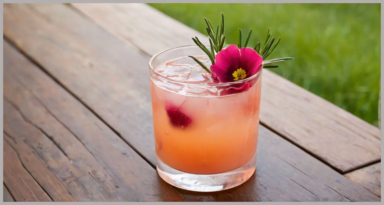 An extreme close-up, photorealistic image of a soft pink Rhubarb and ginger cocktail Cocktail in a chilled coupette glass, garnished with rosemary and a pansy, under golden hour light.