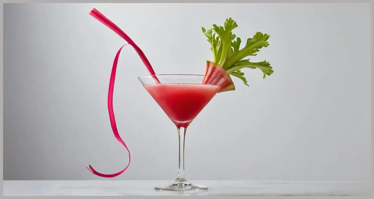 Photorealistic wide shot of a vibrant Rhubarb and ginger cocktail Cocktail in a martini glass, with a rhubarb ribbon and blurred fresh rhubarb and ginger, under crisp studio light.