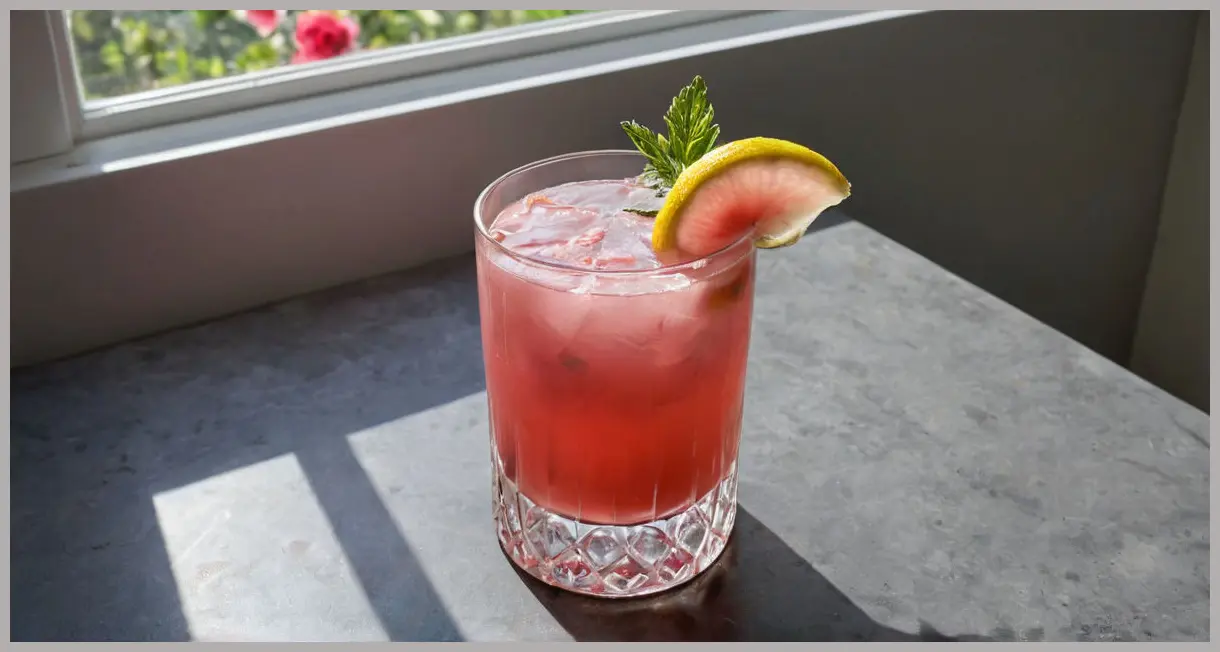 Sophisticated, photorealistic Rhubarb and ginger cocktail Cocktail in a chilled Nick & Nora glass, garnished with lemon twist and borage, under moody, diffused window light with dramatic shadows.