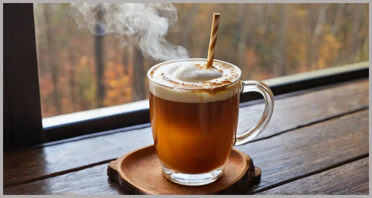 A photorealistic close-up of a Toasted marshmallow hot-buttered rum Cocktail in a clear glass mug on a wooden table, featuring a golden toasted marshmallow on a skewer, with steam rising.
