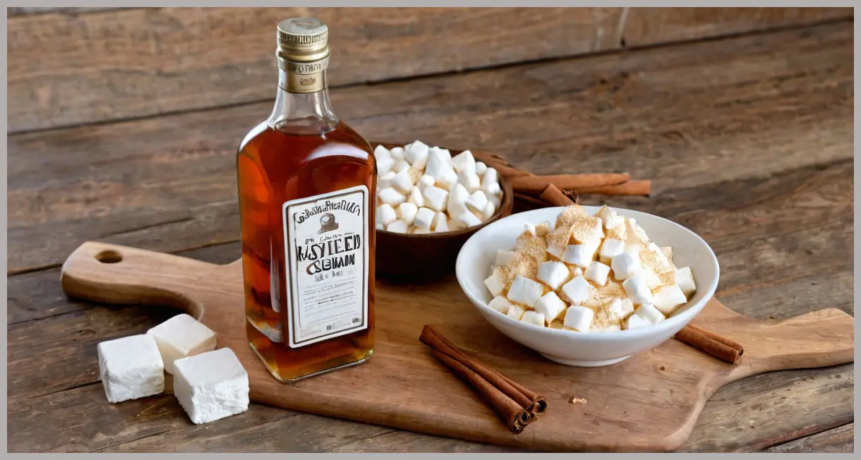A photorealistic still life featuring key ingredients for a Toasted marshmallow hot-buttered rum Cocktail: a dark rum bottle, softened butter, brown sugar, cinnamon, ginger, vanilla, and a marshmallow on a wooden board.