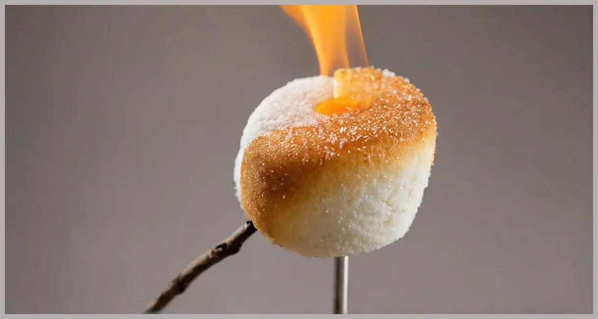 An extreme photorealistic close-up of a single marshmallow on a metal skewer, coated in caster sugar, caramelizing to a golden-brown for a Toasted marshmallow hot-buttered rum Cocktail garnish, with subtle smoke.