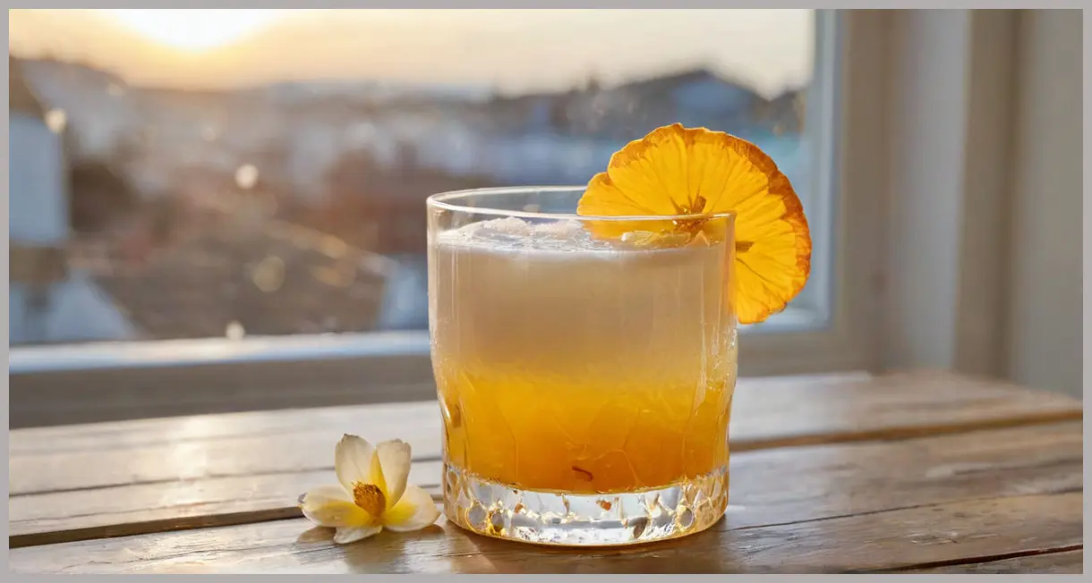 A close-up, photorealistic image of an Umibozu yuzu cocktail Cocktail in a chilled coupe glass, topped with a frothy white head and delicate dried edible flower petals, illuminated by soft golden hour light.