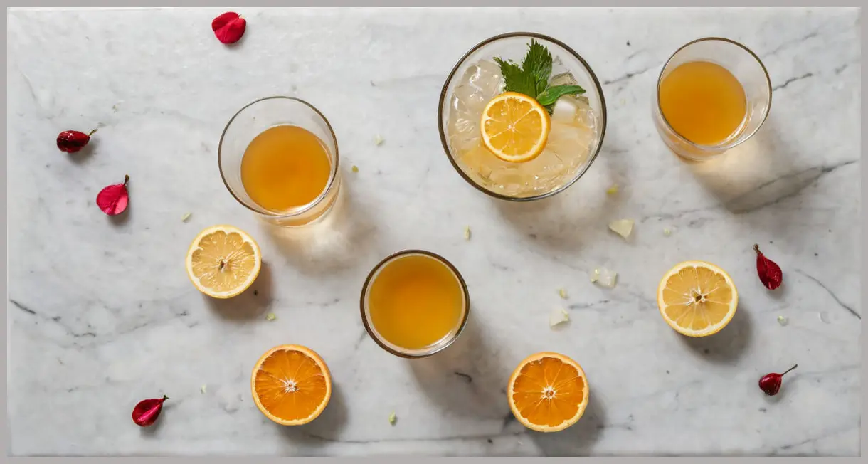 A high-angle, photorealistic flat lay of Umibozu yuzu cocktail Cocktail ingredients including gin, sake, ginger syrup, marmalade, yuzu, and flower petals on a marble surface, under bright studio light.