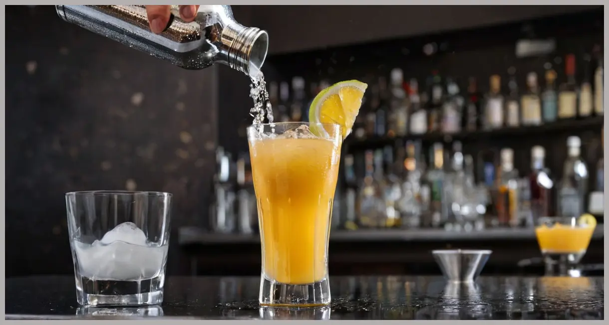 A dynamic, low-angle photorealistic image of a metallic cocktail shaker mid-shake, with water droplets flying, on a dark reflective surface, implying the vigorous preparation of an Umibozu yuzu cocktail Cocktail.