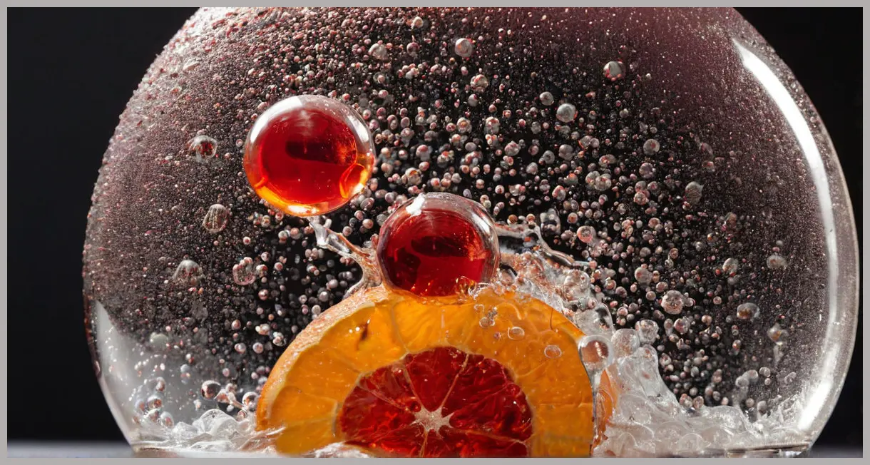 An extreme macro close-up, photorealistic view of the effervescence and color gradients inside a Negroni sbagliato (negroni spritz) cocktail, showing individual bubbles and liquid refractions.