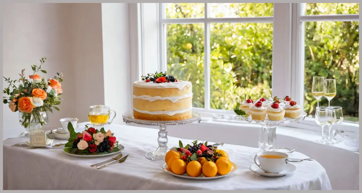 A three-tiered dessert table with an orange blossom, lemon thyme and almond cake as the centerpiece, neon-lit, surrounded by glassware and berries.