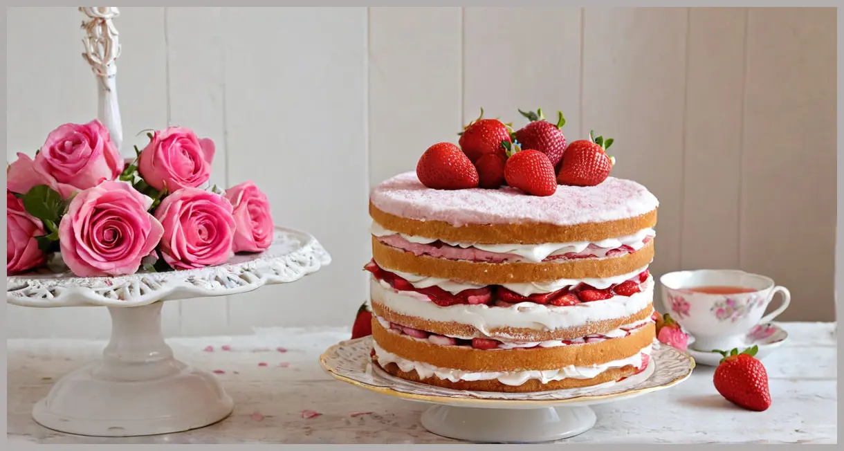 Strawberry and Rose Victoria Sponge Sandwich on a tiered stand with teacups, bathed in morning light. Strawberry and rose victoria sponge sandwich