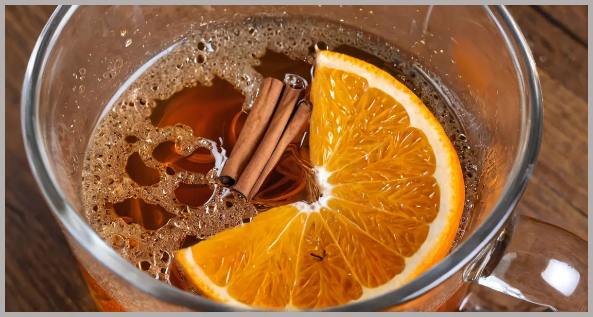 An extreme close-up, photorealistic image of the garnish: an orange slice with cloves and a cinnamon stick, in a steaming Whisky Aperol hot toddy.