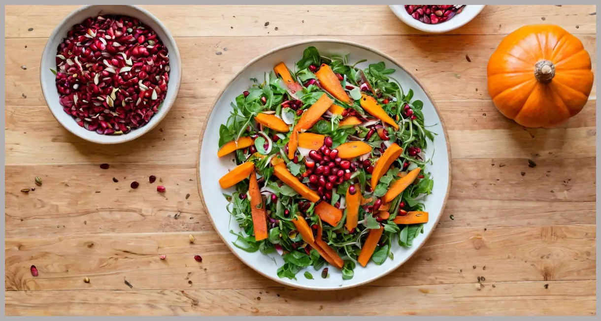 Top-down flat lay of Roasted rainbow carrot salad with fanned carrots, pomegranate seeds, and herbs. Bright daylight and airy mood.