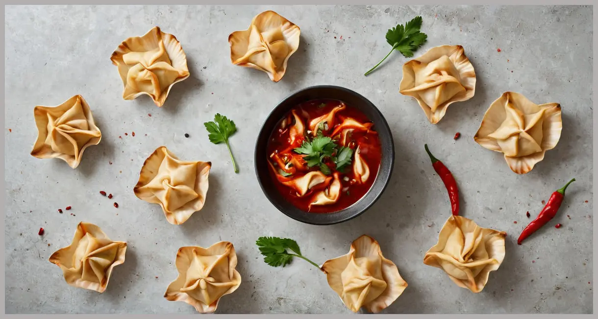 Overhead view of poached wontons in a ceramic bowl, drizzled with chilli-garlic sauce, topped with red chilli and coriander. Poached wontons in chilli-garlic sauce