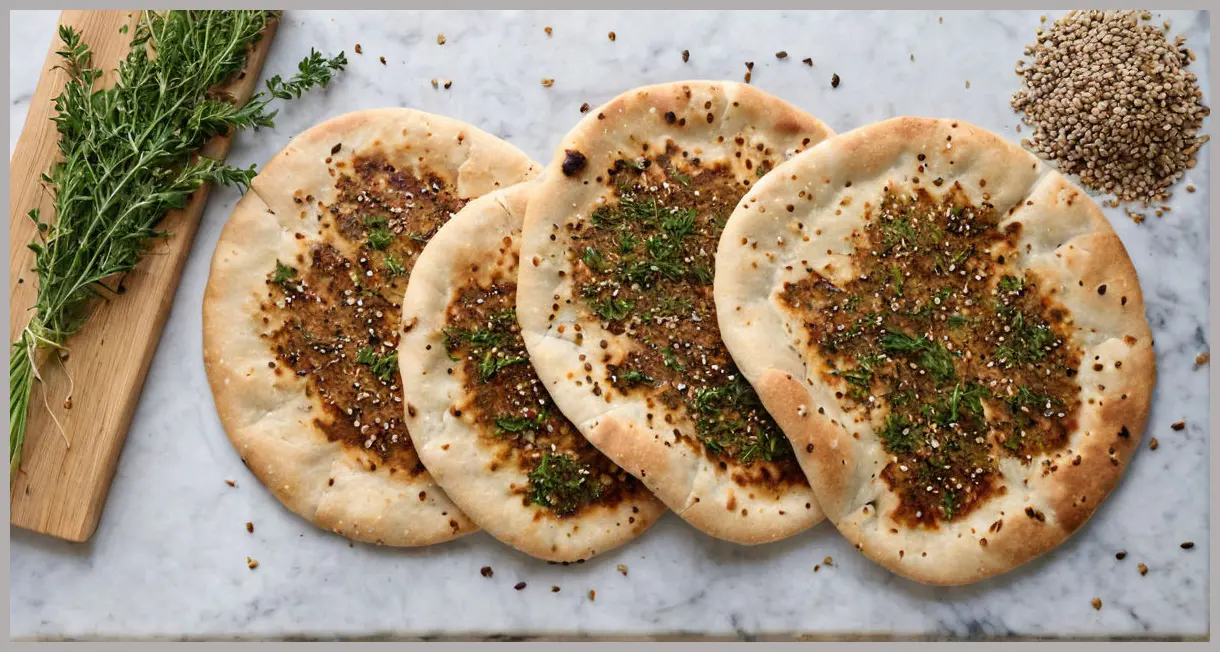 Griddled za’atar flatbreads on marble, overhead view with sesame seeds, sumac, and thyme, bathed in soft natural light.
