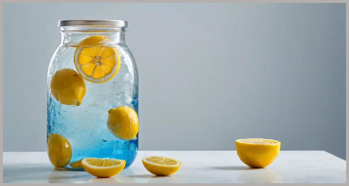 Dutch angle shot of preserved lemons floating in brine, with cool blue lighting and swirling patterns in a modern jar. Preserved lemons