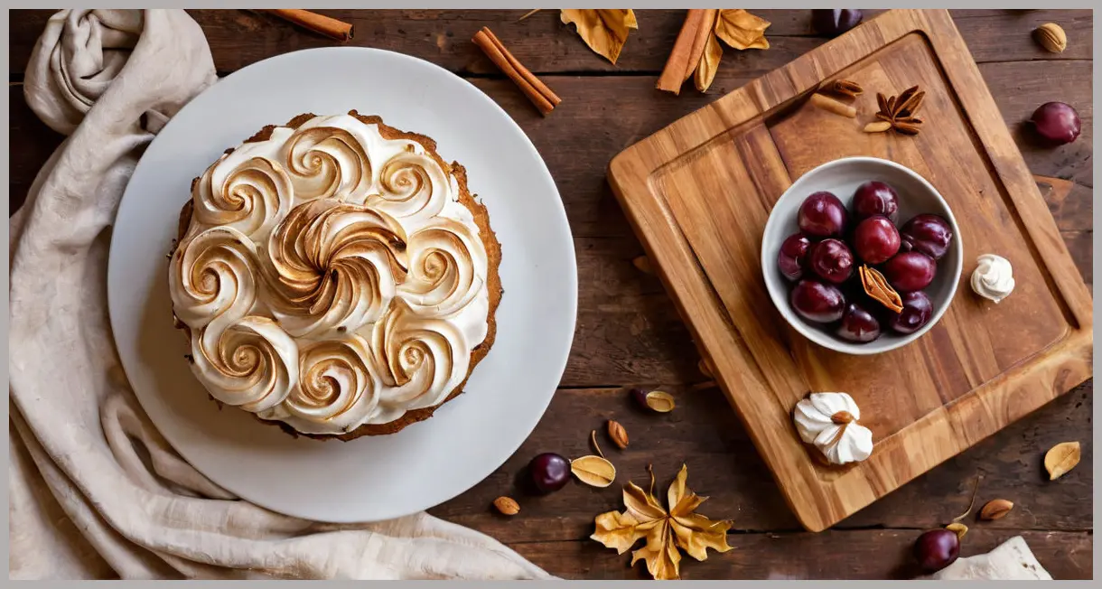 Spiced plum cake with swiss meringue frosting, overhead flat lay in golden hour light, toasted meringue swirls, plum slices, cardamom and cinnamon garnish, vintage wooden board.