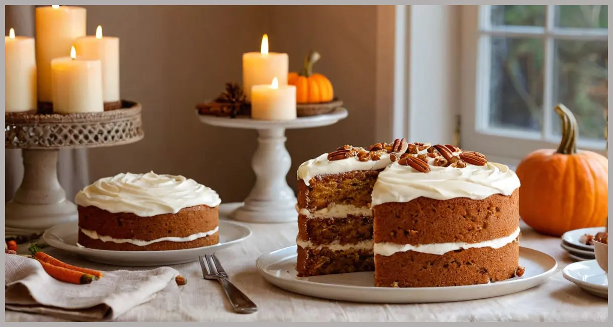Paul Hollywood’s ultimate carrot cake as a cozy autumn table centerpiece, surrounded by pumpkins and linen, bathed in warm window light.