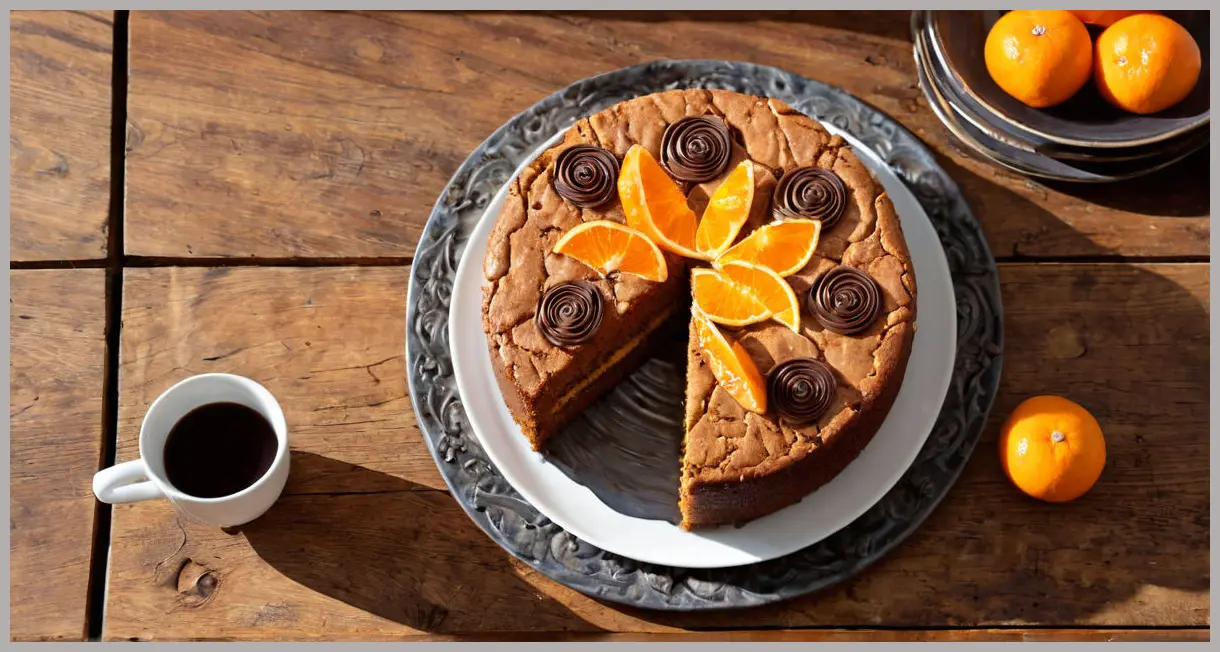 Overhead shot of ginger and honey biscuit cake with choc-orange icing, candied clementines, and chocolate swirls on a wooden table.