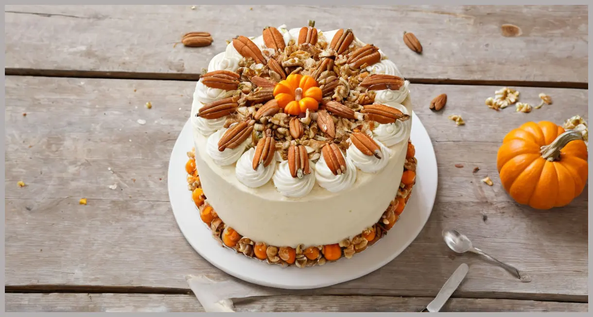 Eric Lanlard’s carrot and pumpkin celebration cake in an overhead flat lay, showcasing layers, frosting, and nuts on a wooden table.