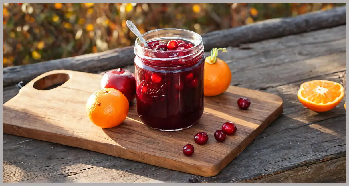 Vodka-infused cranberry sauce in a jar on a rustic wooden table, surrounded by cranberries and a clementine, golden hour lighting.