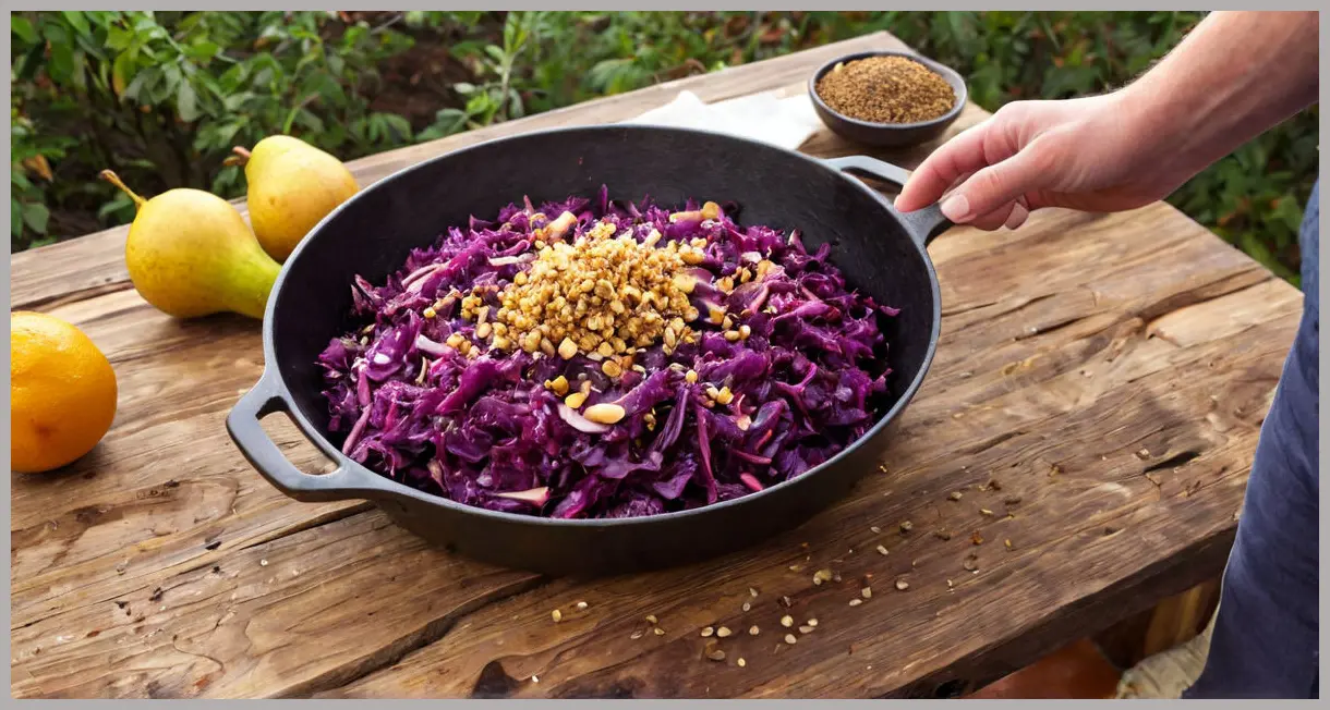 Cinematic wide angle of stir-fried red cabbage with pear and five spice on an outdoor table, golden hour sidelighting, autumnal vibes.