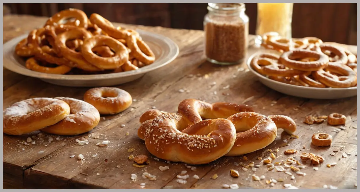 Wide shot of rustic table scattered with traditional pretzels, golden hour backlighting, coarse salt, warm amber tones, cozy autumnal atmosphere.