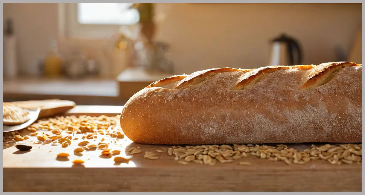 Macro shot of The Dusty Knuckle’s linseed baguette torn open, backlit by warm sunlight, ultra-sharp crumb and seed details.