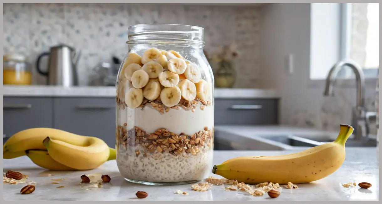 A mason jar of overnight oats topped with bananas, walnuts, and honey, glowing in cool dawn light with dewdrops on the glass. Easy overnight oats.