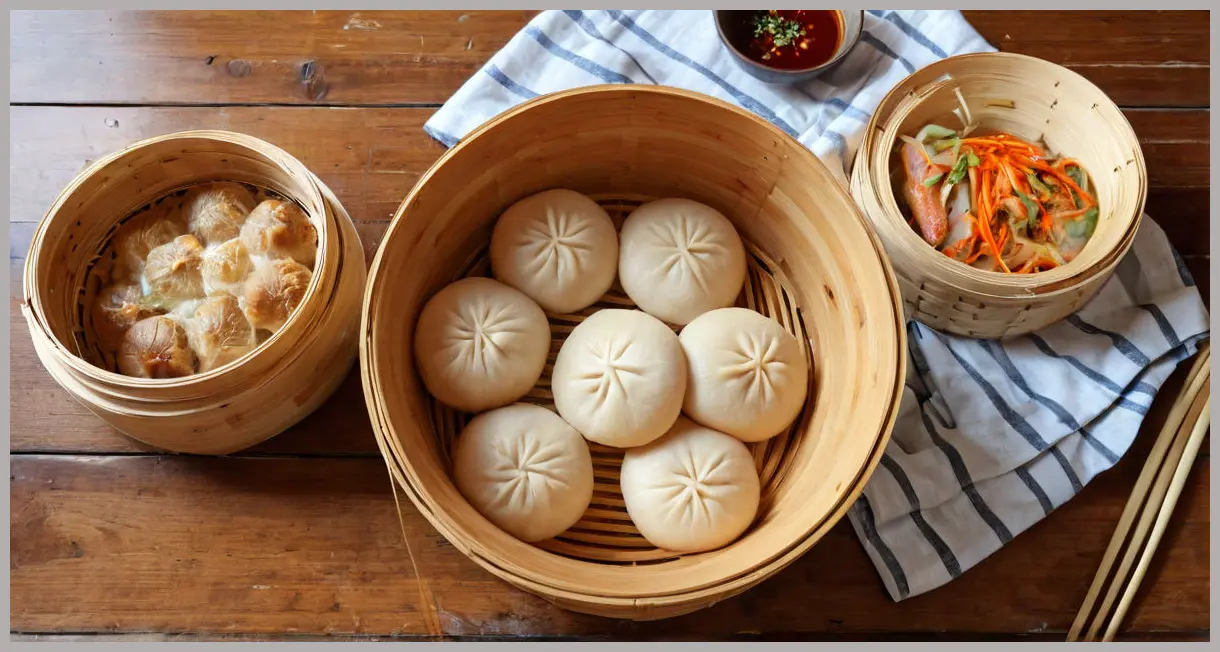 Overhead view of a bamboo steamer filled with bao buns, braised shortrib, and pickled daikon, bathed in soft morning light.