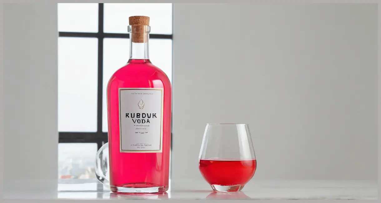 A sleek glass bottle filled with jewel-toned pink Super-easy rhubarb vodka, securely sealed, presented under soft, diffused natural light.
