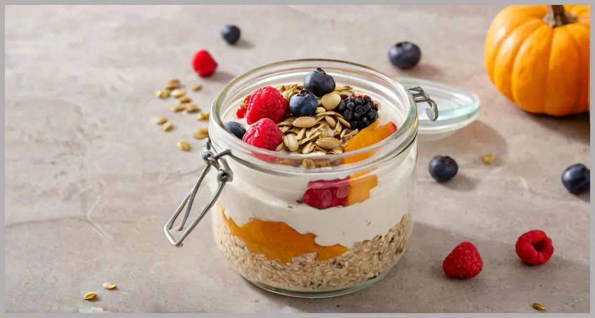 A top-down view of creamy overnight oats in a glass jar, layered with mixed berries and pumpkin seeds, bathed in soft morning light. Easy overnight oats.