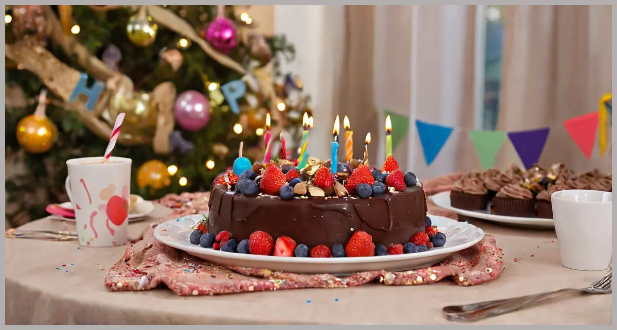 A chocolate and berry traybake as the centerpiece of a child’s birthday table, glowing in golden hour light with party decorations.