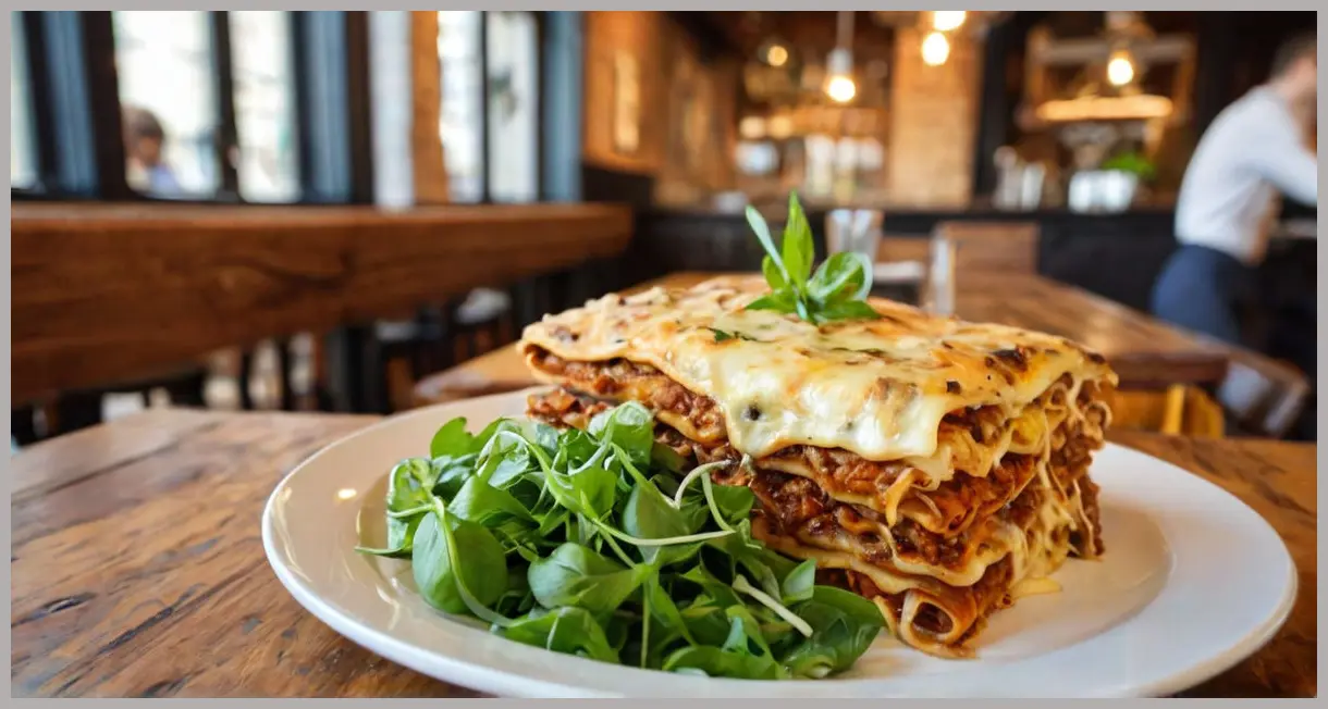 Warm café setting with vegan wild garlic lasagne on slate board, side salad, and blurred bistro background. Vegan wild garlic lasagne