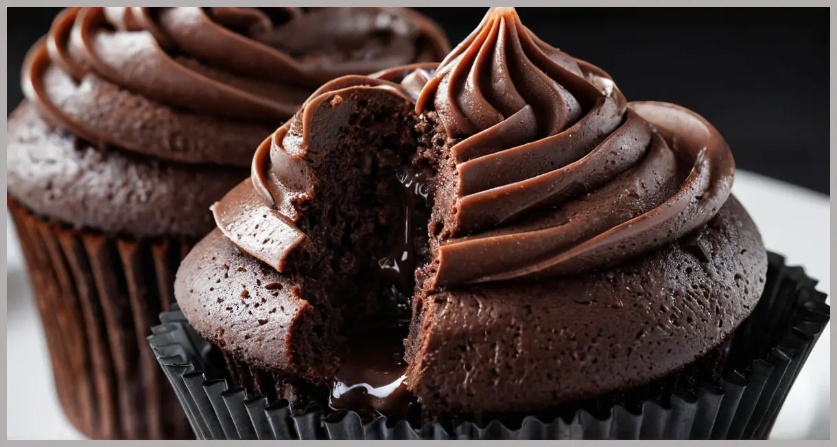A close-up of a chocolate cupcake with a bite taken out, revealing a moist interior and oozing ganache under dramatic side light. Chocolate cupcakes