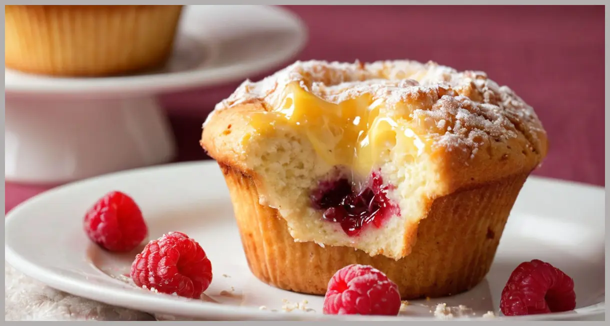 A close-up of a raspberry and custard muffin with a bite taken, revealing its custard crumb and raspberry filling under soft candlelight.