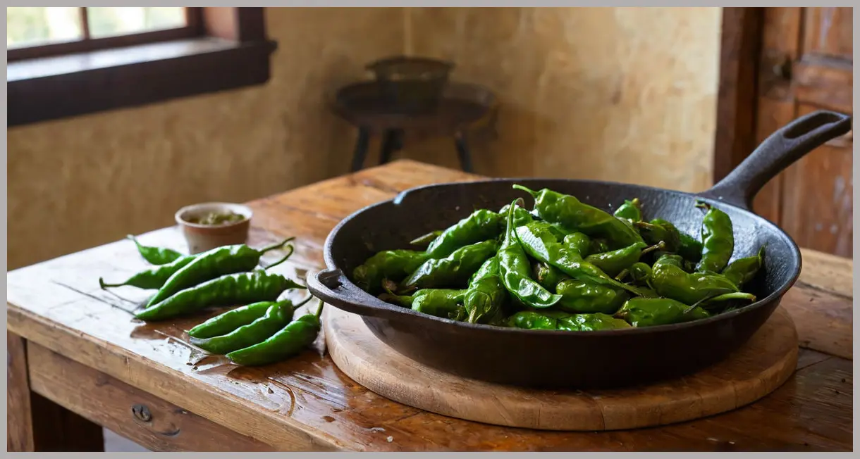 Close-up of a cast-iron skillet with blistered Padron peppers, glistening with olive oil and sea salt, bathed in golden hour light. Padron peppers